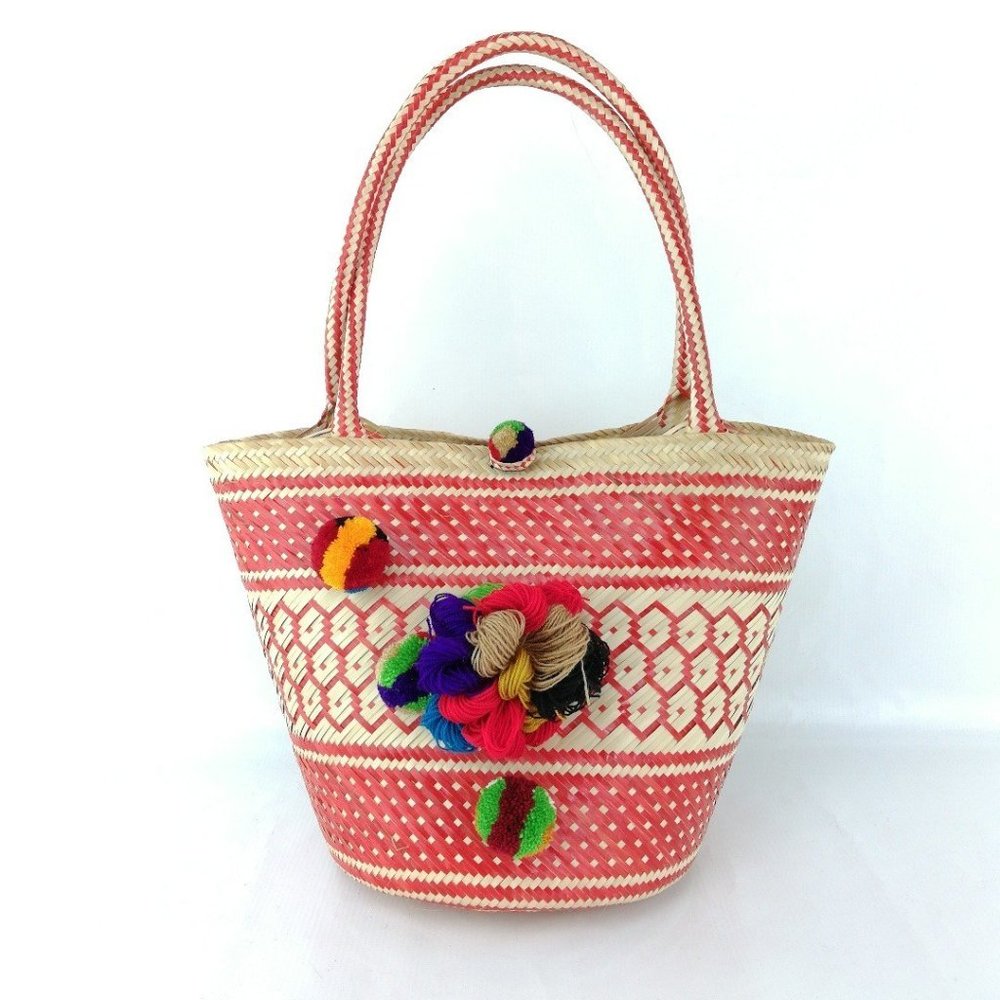 Handwoven Straw Bag with Pom Poms